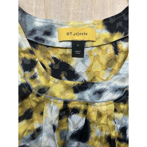 St. John Silk Blouse Sz Small (P) Yellow Black White Short Sleeve Hearts - Picture 2 of 7
